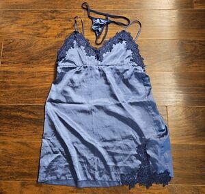 Elegant Blue Lace Trim Chemise & G-String